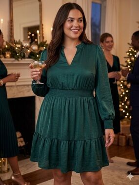 Lucky Brand  Emerald Long-Sleeve V-Neck Smocked Mini Dress Ruffle XL Elegant